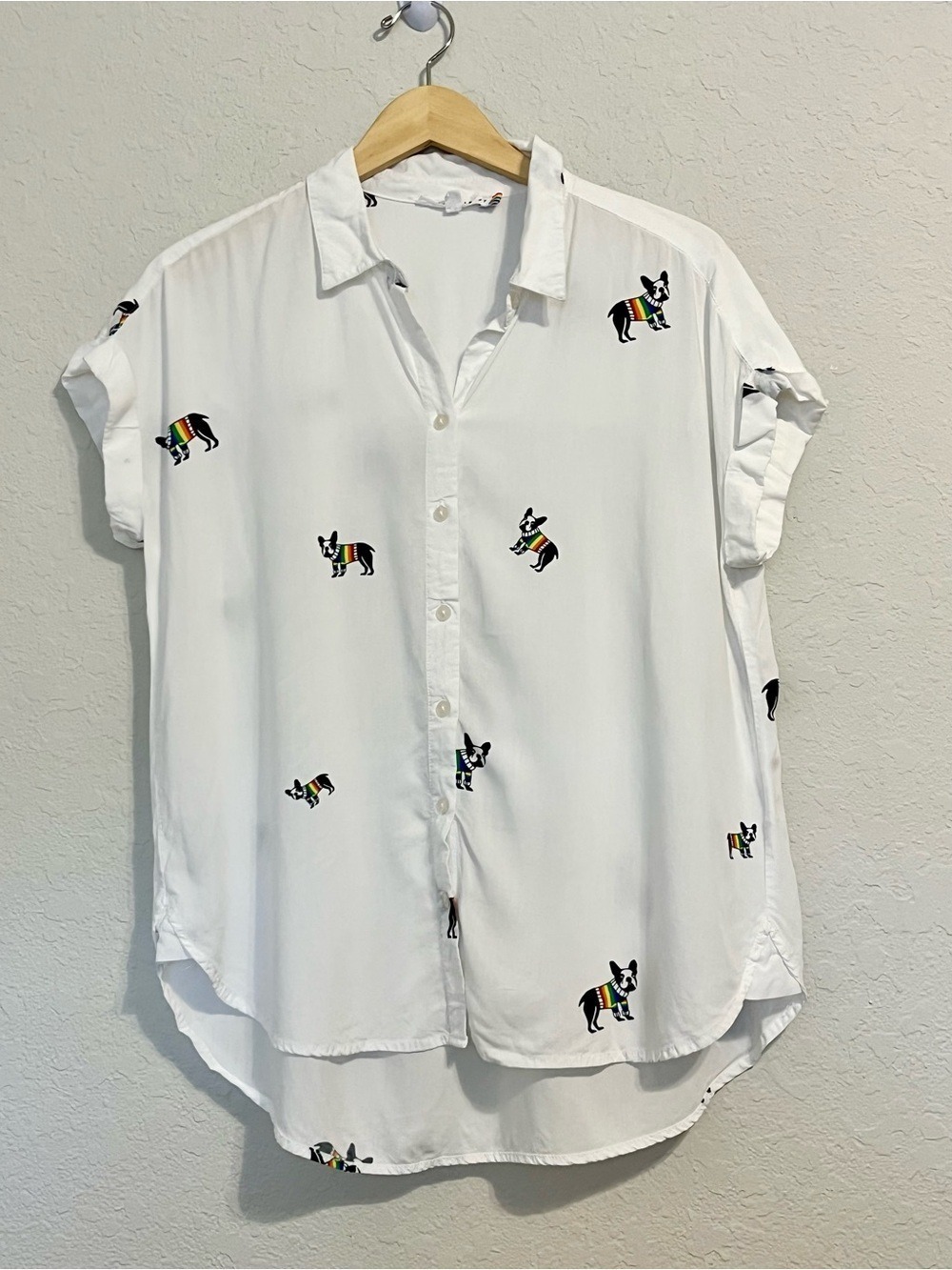 Pride Rainbow French Bulldog Blouse L White Dolman Button Shirt LGBTQ Novelty